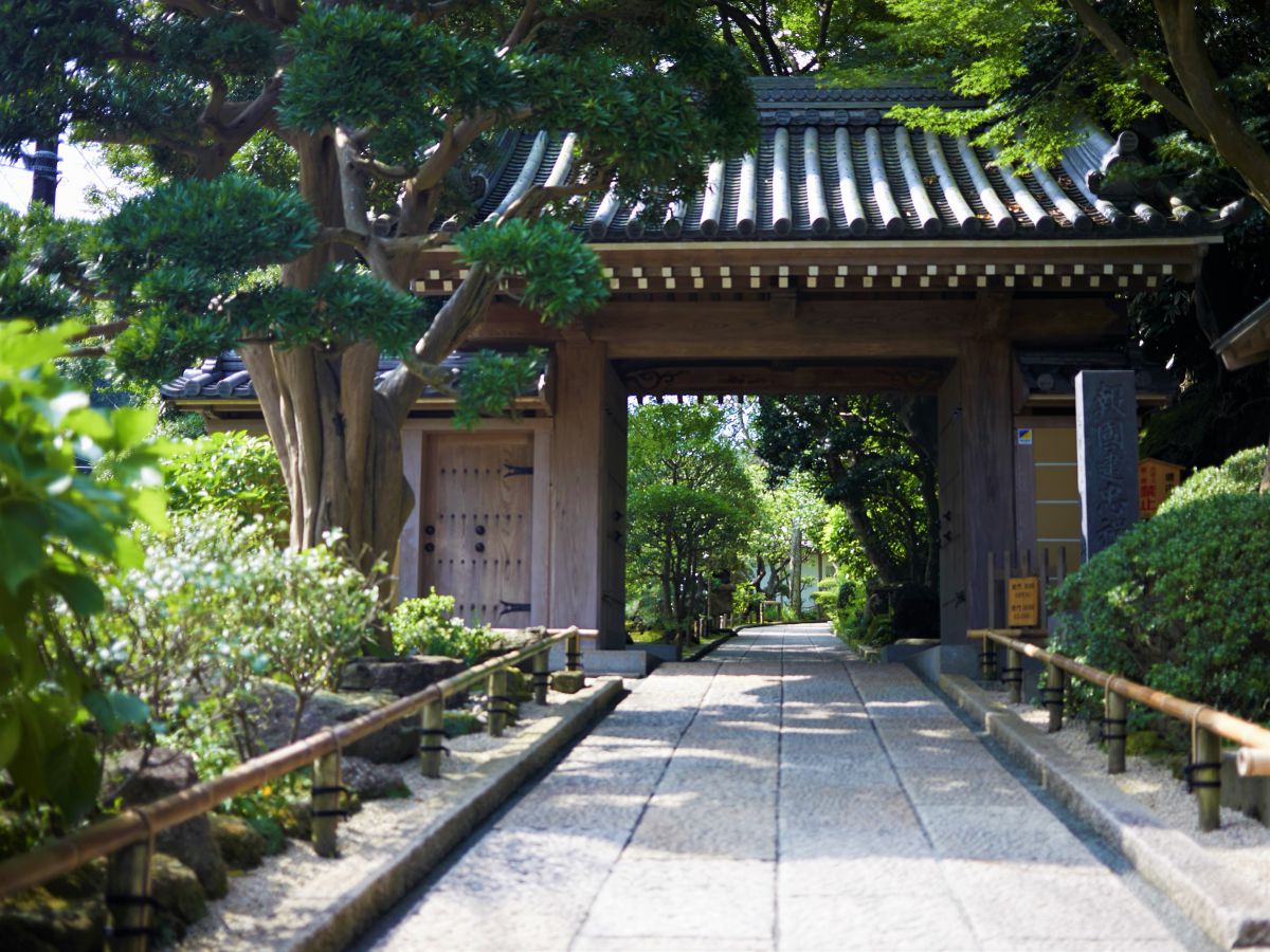 山門「薬医門」から本堂までの数十メートルには、美しい枯山水庭園が続いています