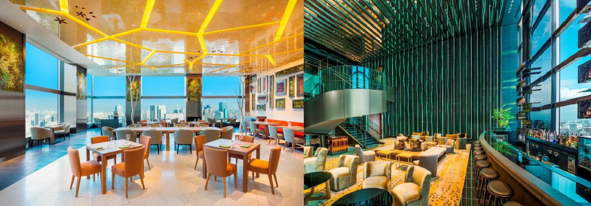 36階「All-Day Dining OASIS GARDEN」(左)と35階「Sky Gallery Lounge Levita」(右)の内観