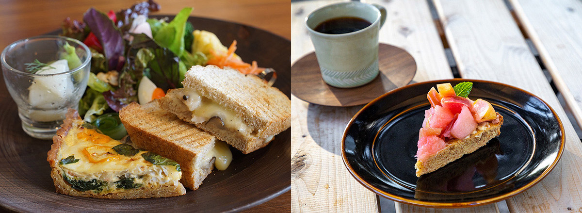 左/ランチ 本日のキッシュ&お好きなパニーニセット(1550円)、右/りんごのコンポート ドリンクセット(1100円)