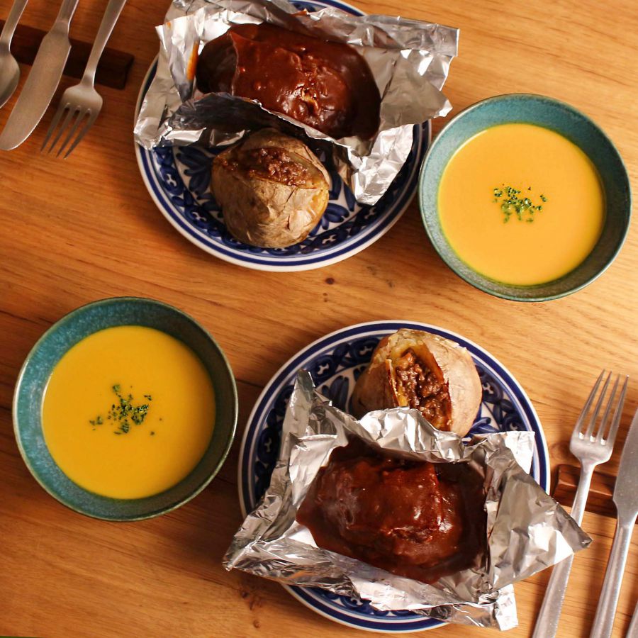 「つばめ風ハンブルグステーキ&北海道産かぼちゃのポタージュスープセット」2人前3200円