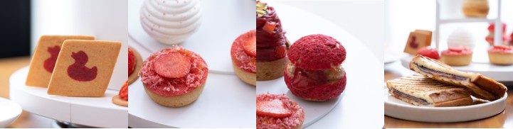 （左から）フォアグラクッキー、チョリソーのタルト、エビのプロフィットロール、ストロベリーマヨネーズのトースティー