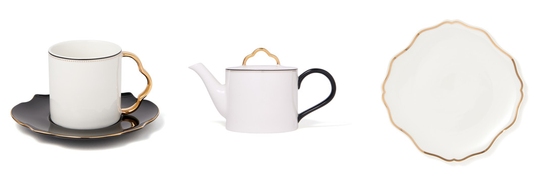 「ラフィネシリーズ ホワイト×ブラック」：左から「カップ＆ソーサー」 1400円、「ティーポット」2200円、「プレートM」1200円（すべて税込）