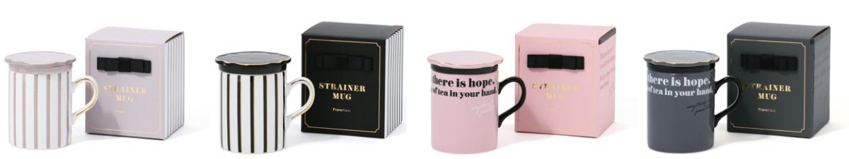 「ストレーナーマグシリーズ」左から「ストライプ グレー」「ストライプ ブラック」「タイポ ピング」「タイポ ダークグレー」各1500円（税込）