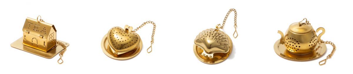 「ティーストレーナーシリーズ」左から「ハウス」「ハート」「シェル」「ポット」各800円（税込）