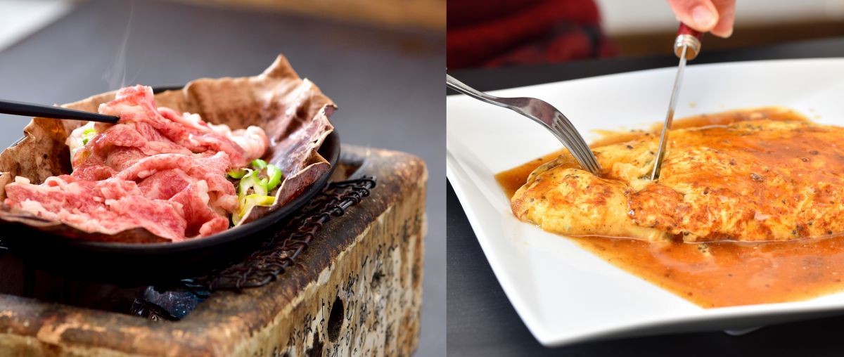 （左）「飛騨牛の朴葉味噌焼き」1600円、（右）「えごまオムレツ」800円