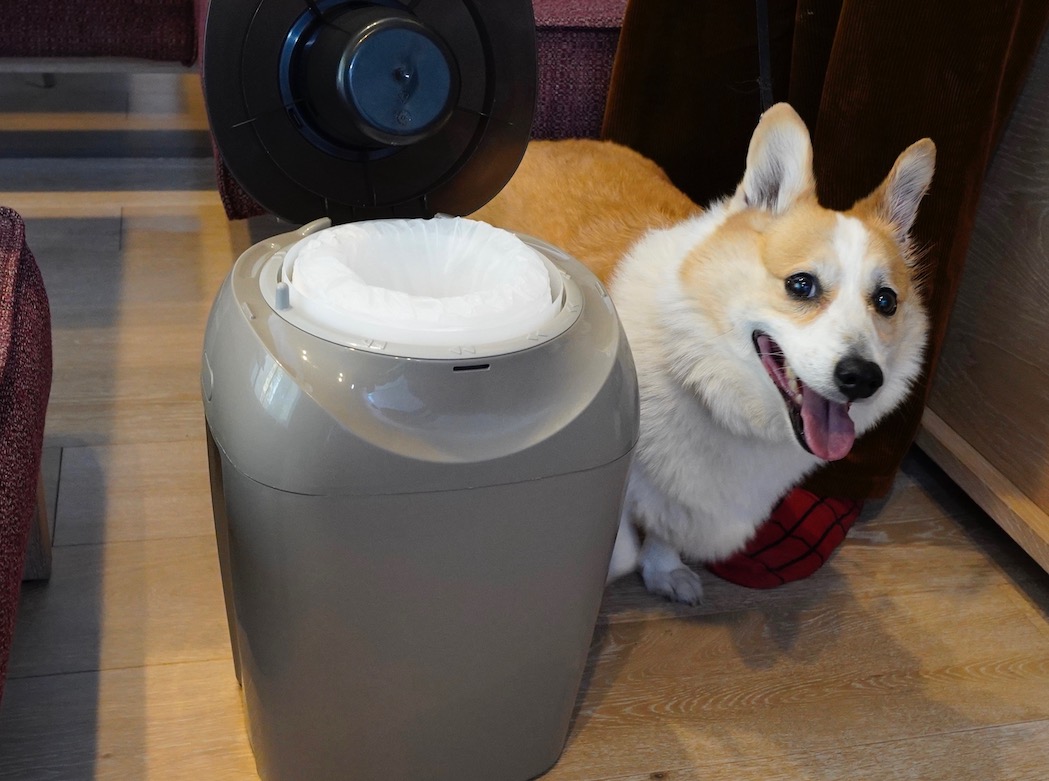 トイレシート用のゴミ箱を前に微笑むモジー君