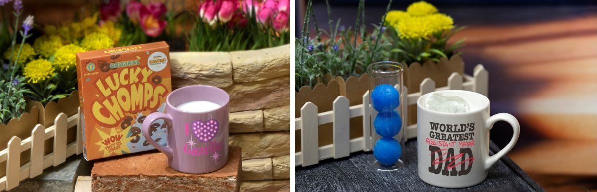 （左）「＜クロウハウザー＞チョコレートフレーバー・ティー」（1089円） （右）「＜ベルウェザー副市長＞アイスミルク 『夜の遠吠え』を添えて」（1089円）