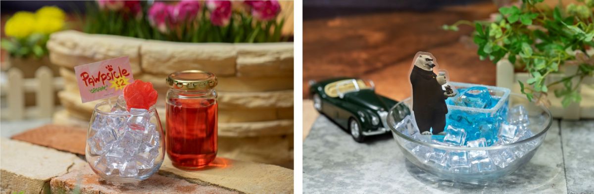 （左）「＜アイスキャンディ＞溶かして固めたアイスキャンディ風ドリンク」（1089円） （右）「＜Mr.ビッグとシロクマ＞おしおきだっ！？冷たい氷漬けドリンク」（1089円）