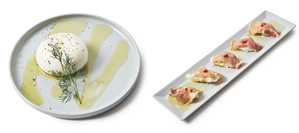 左・「丸ごとブラータチーズ」1760円、右・「生ハムとクリチナッツ」1210 円(ともに税込)※ハーフサイズもあります
