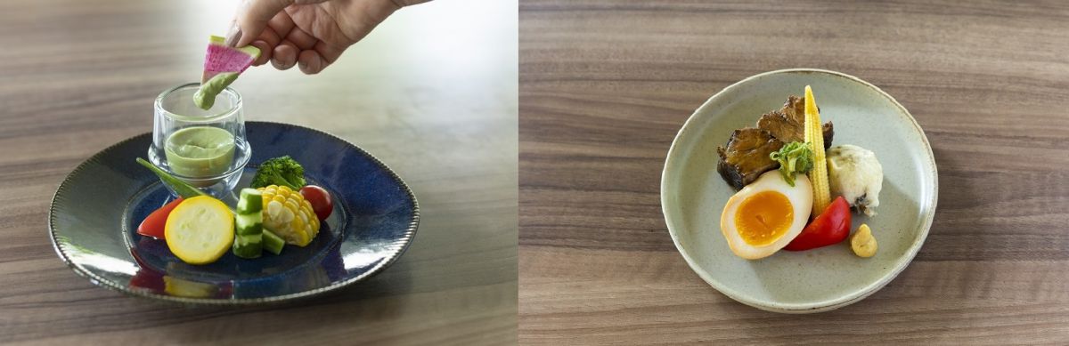 「新鮮野菜の抹茶ディップ」580円（左）、「茶美豚の茶角煮」580円（右）