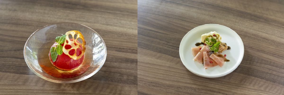 （左）「トマトのほうじ茶蜜漬け」300円、（右）「生ハム・クリームチーズの味噌漬け」500円