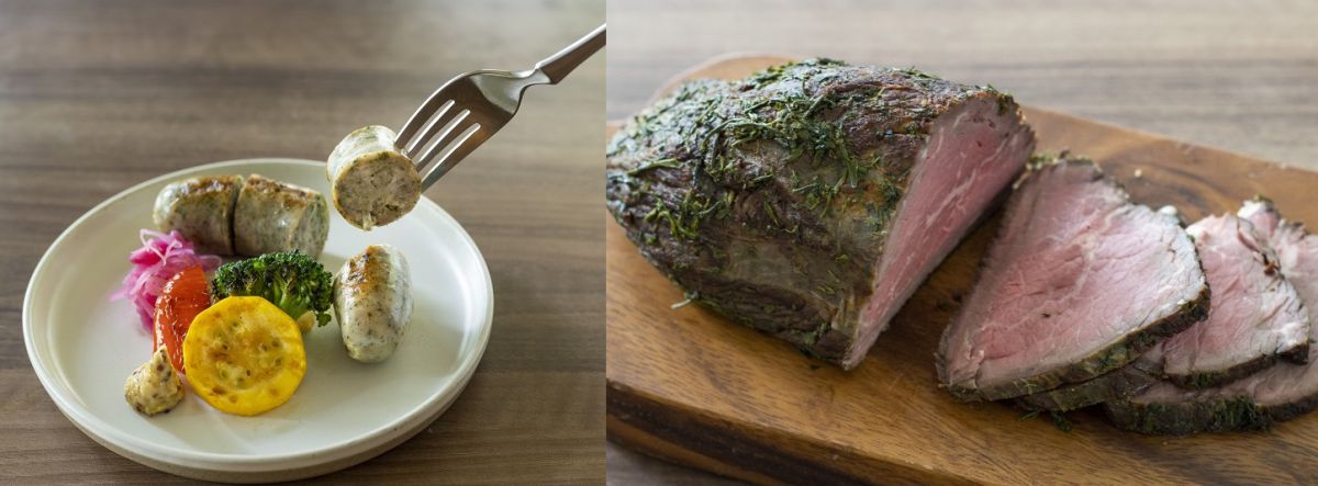 （左）「お茶ソーセージ」緑茶・番茶・紅茶各680円、（右）「大麦牛の煎茶ローストビーフ」680円