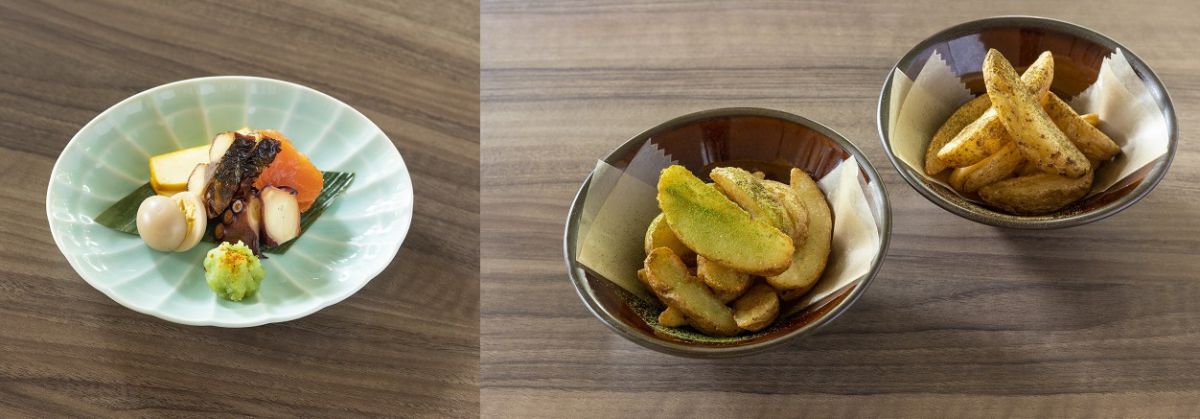 （左）「お茶スモーク盛り合わせ」480円、（右）「お茶フレーバーのポテトフライ（抹茶・ほうじ茶）」各380円