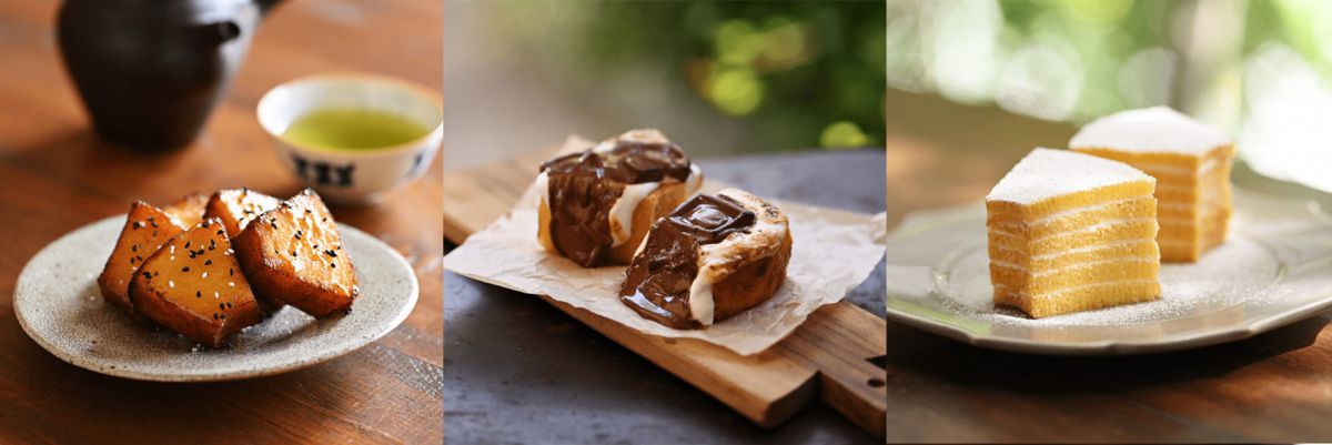 左から「バウムの大学芋風」、「S’MORE KUCHEN スモアクーヘン」、「バウムのヨーグルトミルフィーユ」