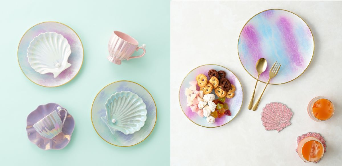「オパールシェルシリーズ」と「ミックスマーブル ガラスプレート」のテーブルコーディネートイメージ