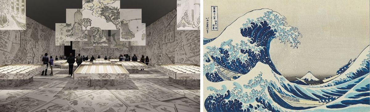 左：建築家・田根剛氏による『北斎漫画』展示プラン（イメージは構想段階のものです） 右：葛飾北斎「冨嶽三十六景 神奈川沖浪裏」山口県立萩美術館・浦上記念館蔵（浦上コレクション）