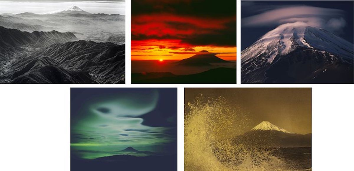 （左上）「山波」 撮影：岡田紅陽 収蔵：岡田紅陽写真美術館 （中央上）南アルプス千枚小屋から「真紅に燃える朝雲と富士山」 撮影：白?史朗 （右上）静岡県裾野市から「笠雲」 撮影：竹内敏信 （左下）(c)Yukio Ohyama （右下）Hommage to Hokusai (c)Mineko Orisaku