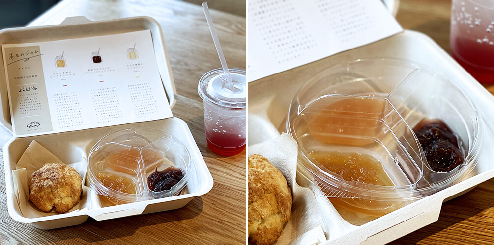 （写真・左）「ジャム3種食べ比べセット／ドリンク付」1000円、（写真・右、上から時計周りに）「さやか農園のリンゴジャム」「菊地カヨ子さんのビオレ・ソリエスジャム」「さやか農園のル・レクチェジャム」