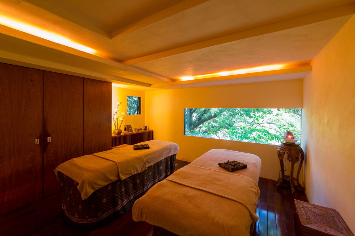 窓の外に広がる渓谷の緑も、リラックス効果抜群