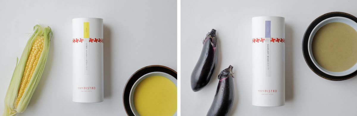 左）とうもろこしのポタージュ（2人前）　右）焼き茄子のスープ（2人前）各1674円