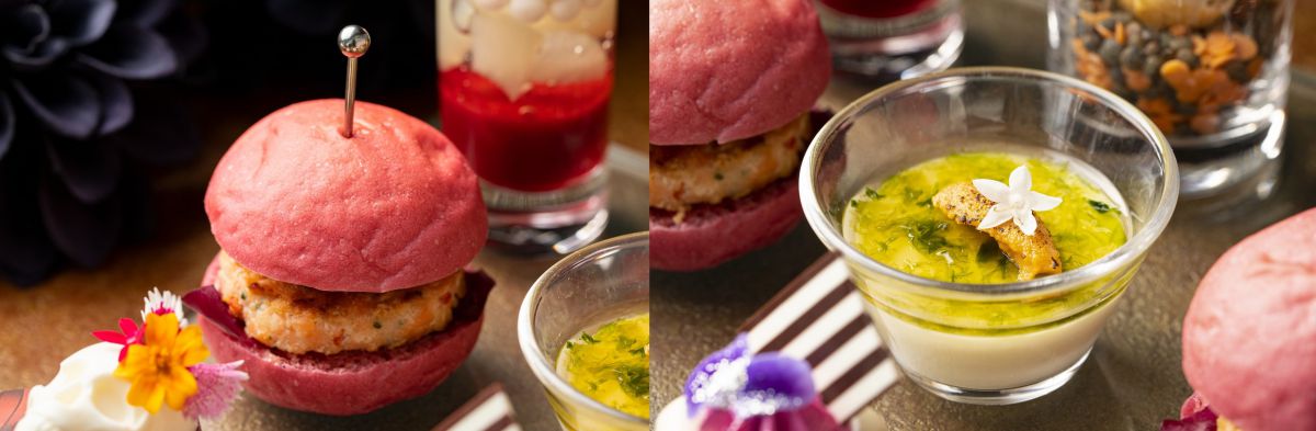 （左）「ロブスタースライダー　わさびのアクセント」と（右）「ポロ葱とポテトのムース　北海道産焼きウニ添え」（右）