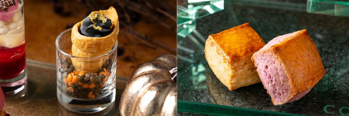 （左）「和牛のほほ肉とレフォールクリームのコルネ」、（右）「プレーンスコーン、紫芋スコーン　クロテッドクリーム、リンゴとシナモンのジャムを添えて」