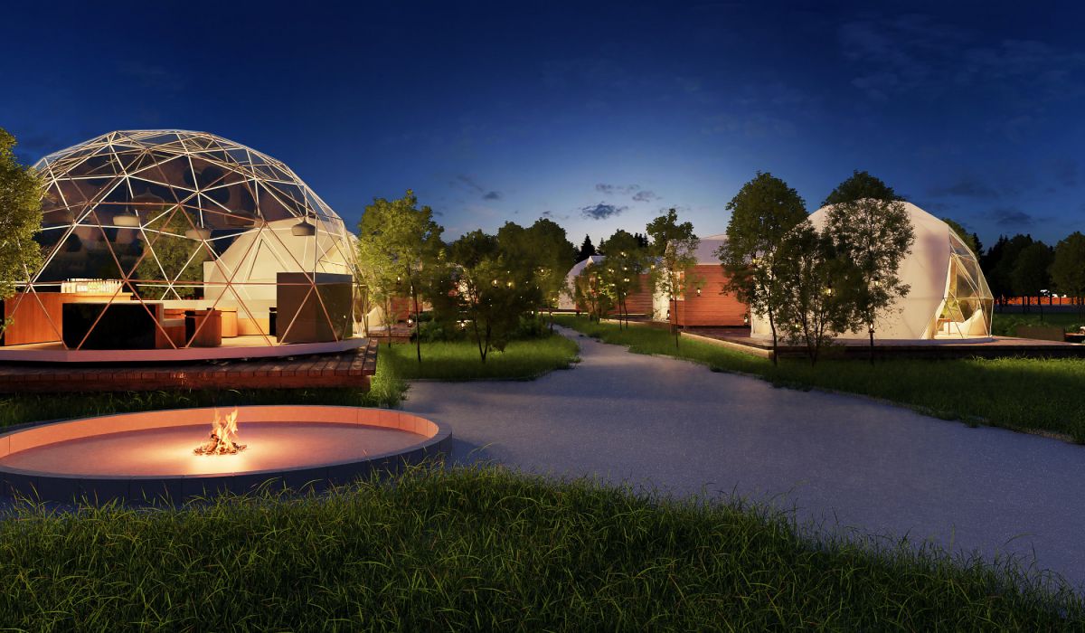 透明ドームのFree Bar×キャンプファイヤースペース