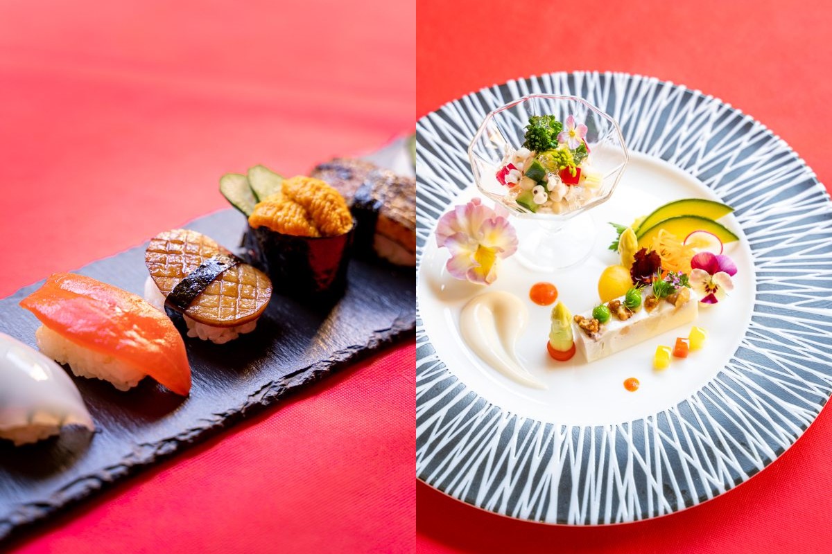 季節のサラダ（写真右）、スープ、天然酵母の自家製パン、メイン、野菜寿司（写真左）、デザート、お茶が付く「スペシャルコース」7000円（要予約）