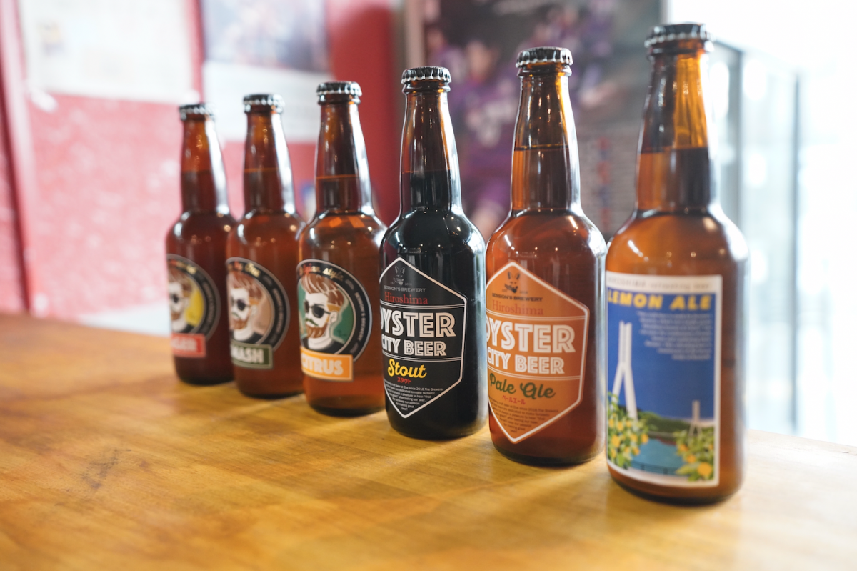 ビール各550円（左からBruno Lager/Bruno SMASH/Bruno CITRUS※販売終了/OYSTER CITY STOUT/OYSTER CITY PALEALE/Hiroshima LEMON ALE）