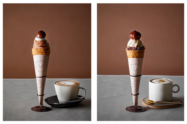 （左から）「フランス栗のモンブランクレープとピケラテのセット」 イートイン1390円／テイクアウト1370円 「京都丹波栗とほうじ茶のクレープとほうじ茶ラテのセット」 イートイン1690円／テイクアウト1670円