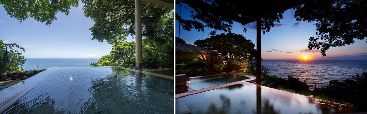 露天風呂「碧海」（左）、露天風呂から眺める朝日（右）