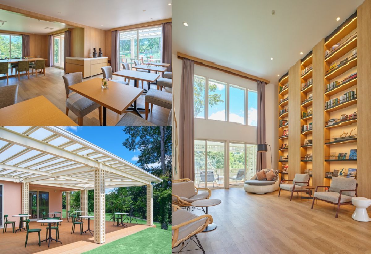 左上「養生レストラン」と左下「テラス」、右「ライブラリー＆フリースペース」