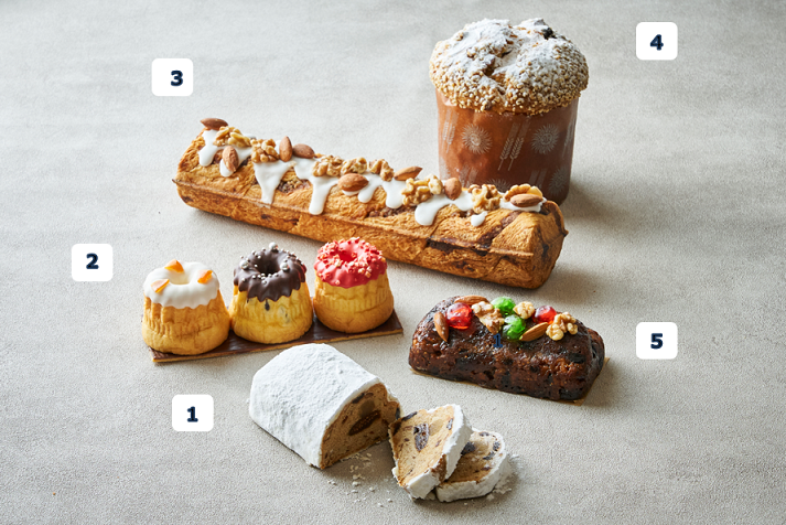 1.「シュトーレン」2000円、2.「アソート　クグロフ」1200円、3.「マロン・ド・ノエル」2300円、4.「パネトーネ」1200円、5.「ベラベッカ」2000円