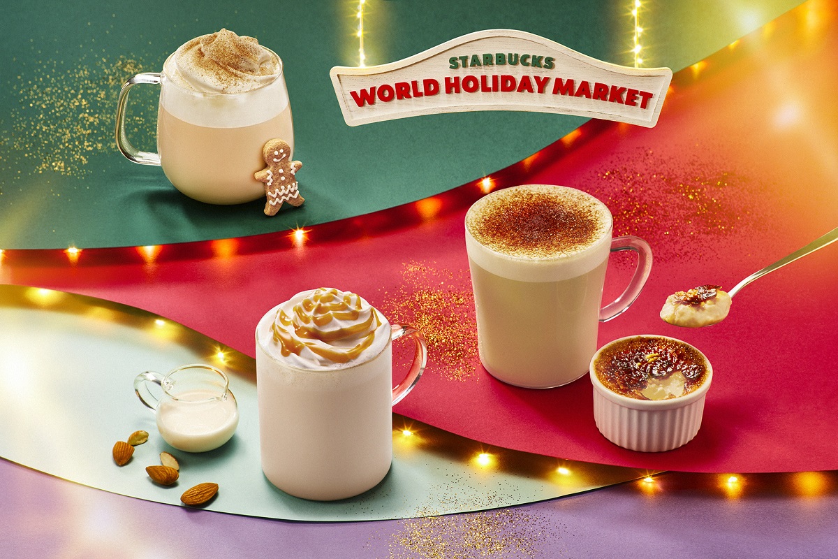 写真左上から「ジンジャーブレッド ラテ」（Hot／Iced）Short 462円／Tall 501円／Grande 540円／Venti® ¥579円（持ち帰り）、Short 470円／Tall 510円／Grande 550円／Venti® 590円（店内利用）、「クレーム ブリュレ ラテ」（Hot／Iced）Short 481円／Tall 520円／Grande 560円／Venti® ¥599円（持ち帰り）、Short 490円／Tall 530円／Grande 570円／Venti® 610円（店内利用）、「キャラメル アーモンド ミルク」（Hot／Iced）Short 442円／Tall 481円／Grande 520円／Venti® 560円（持ち帰り）、Short 451円／Tall 490円／Grande 530円／Venti® 570円（店内利用）※原材料の一部に乳を使用