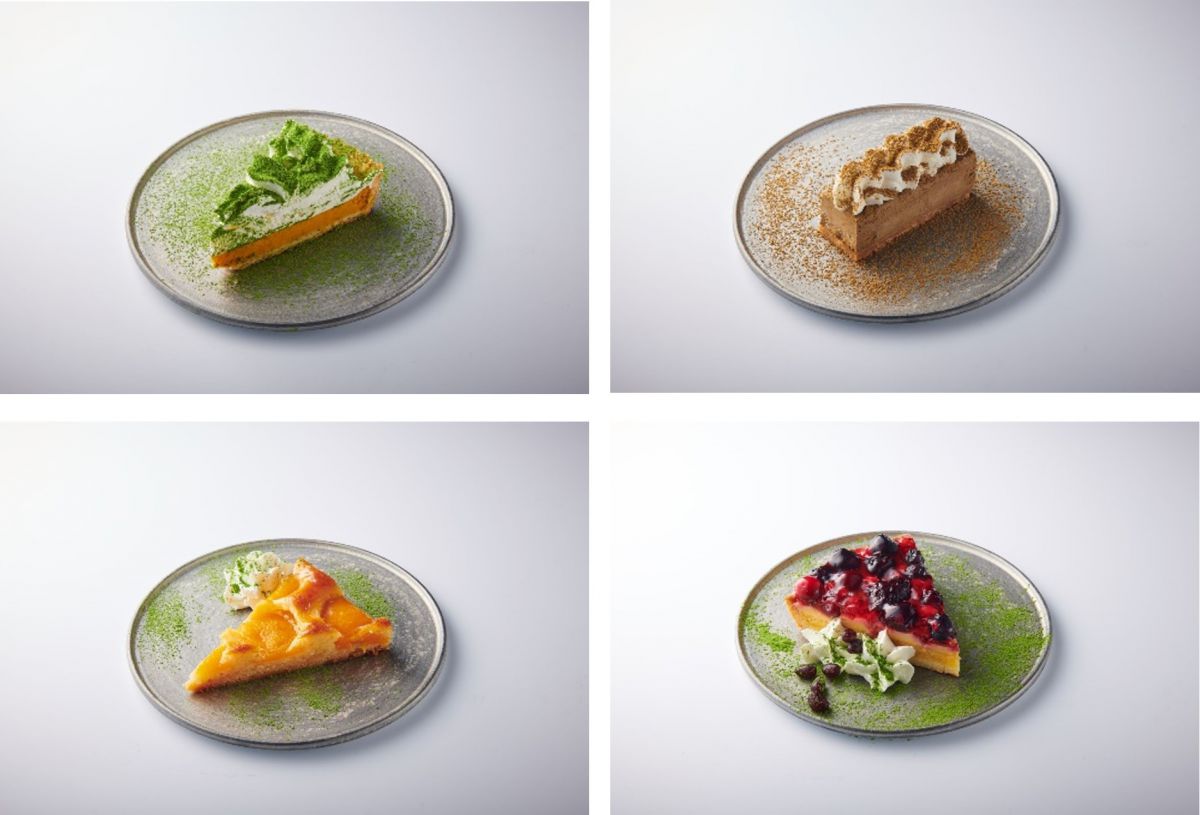  （左上から時計まわりに）「カボチャのタルト」「ほうじ茶ガトー」「アプリコット・パネ」「5種のベリータルト」各550円