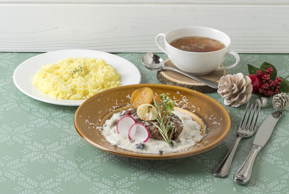 「北海道産エゾ鹿肉の雪降る手ごねハンバーグ」ライスとスープ付き1480円