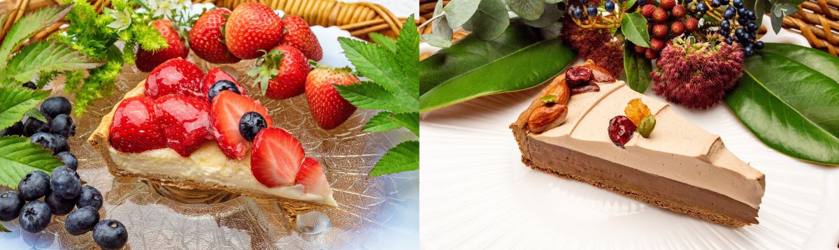 新作「イチゴのタルト ～ホワイトチョコ風味～」（左）と新作「チョコレートクリームとキャラメルアーモンドのタルト」（右）のピース