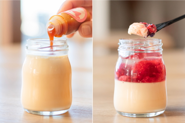 左：伊豆の塩を使った生キャラメルプリン440円、右：伊豆のはちみつジュレ&フランボワーズ470円