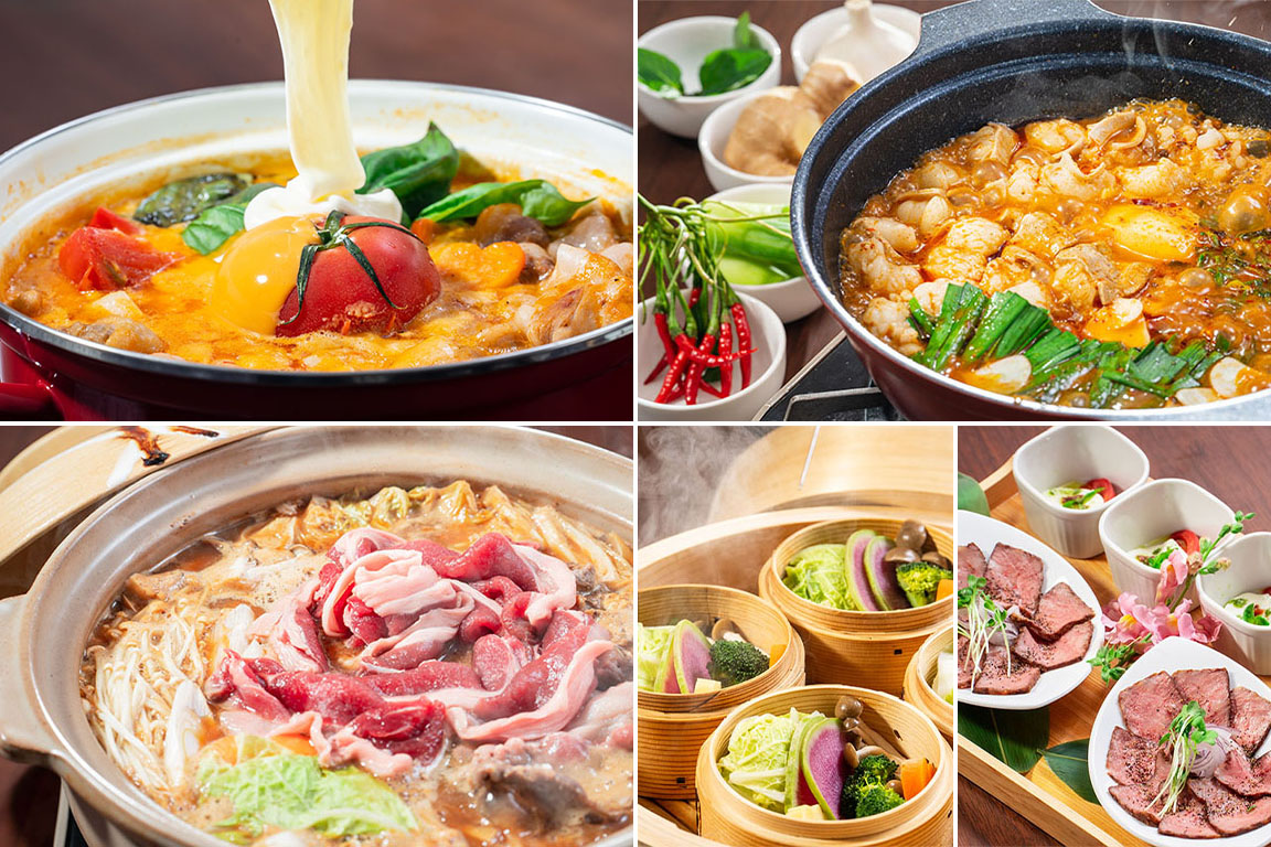 冬季限定選べるお鍋セットはトマトチーズ鍋（〆はリゾット）、近江牛もつ火鍋（〆にうどん）、牡丹鍋（〆は出汁で作る卵かけご飯）からお好みでどうぞ