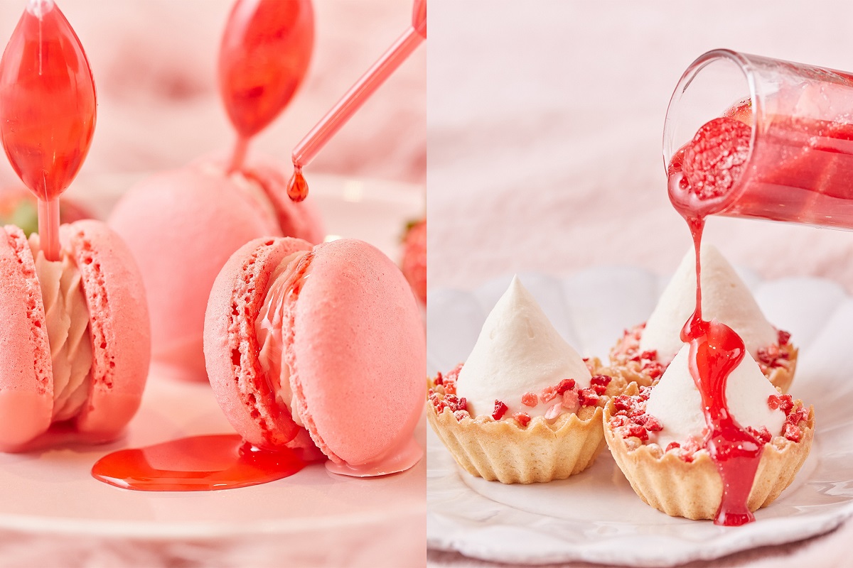 写真左から「いちごマカロンといちごソース」、「いちご尽くしのストロベリーソース」