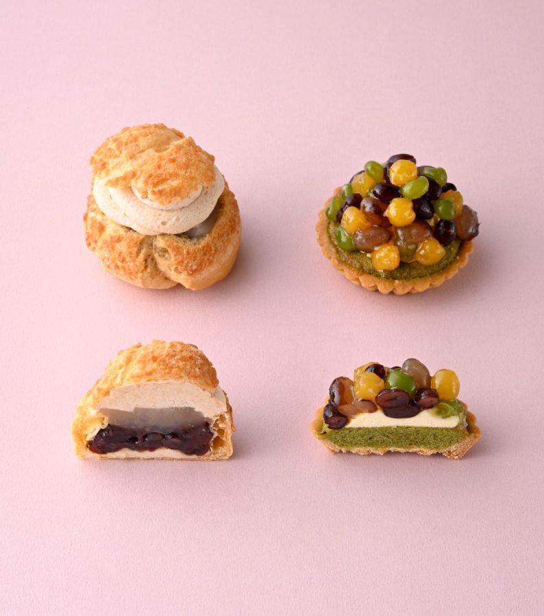 ＜きんつば中田屋＞画像左）あんことわらび餅のシュークリーム432円、画像右）お豆のタルト540円