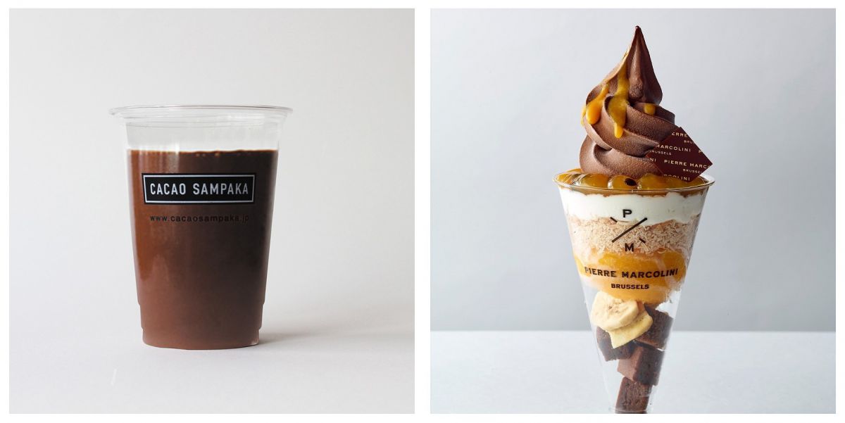 （左）カカオ サンパカ「ショコラタ インペリアル」660円 （右）＜西武池袋本店限定＞ピエールマルコリーニ「マルコリーニ ショコラ マンゴ パフェ」1320円 
