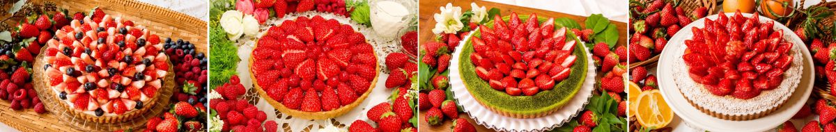 左から）7位「3種のベリーとチョコレートのタルト」、8位「赤いフルーツとバラのパンドジェンヌのタルト」、9位「抹茶とイチゴのタルト」。10位「イチゴとアーモンドババロアのタルト～ホワイトチョコ風味～」 