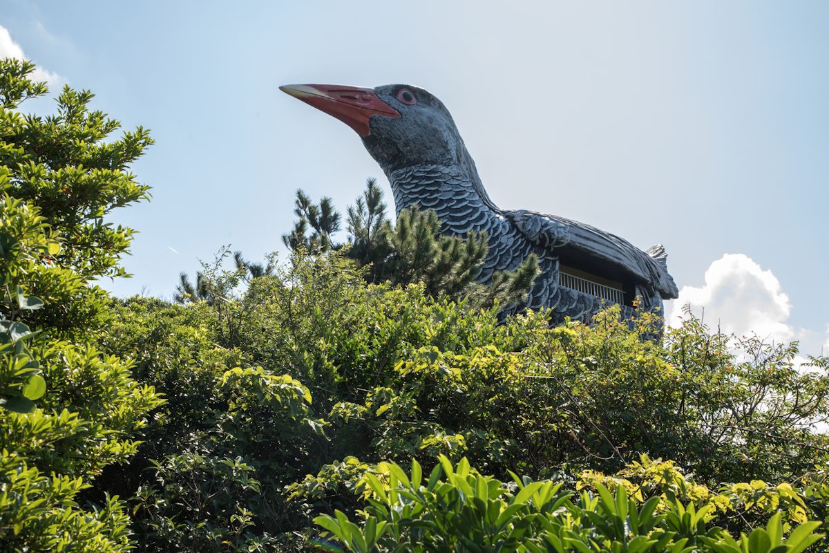 シュールなたたずまいのヤンバルクイナ展望台。羽の所が展望スペースです