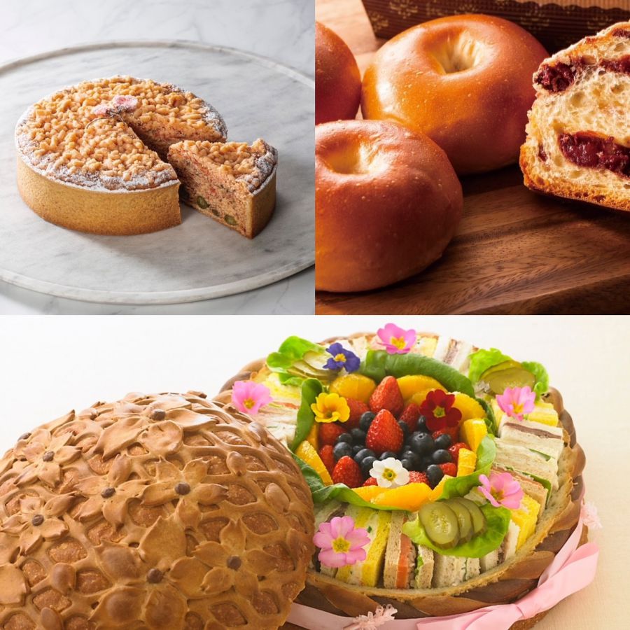 「桜のタルト」（左上）4300円　※4月17日（日）までの販売、「桜あんぱん（2個入り）」（右上）650円、「ガルガンチュワサンドイッチ（桜）」（下）1万3000円　※7日前まで要予約・数量限定