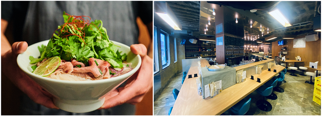 （左）「牛肉のフォー」1000円、（右）店内イメージ