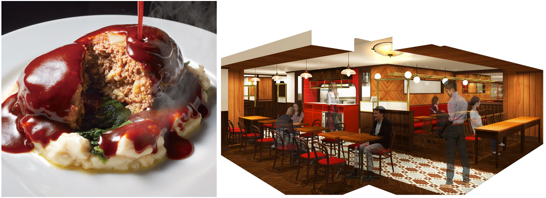 （左）「キャベツ入りハンバーグ」（ディナー単品）2160円、（右）店内イメージ