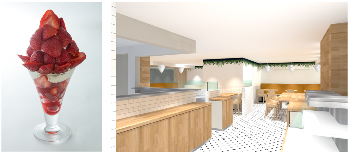 （左）「ストロベリーパフェ」2100円、（右）店内イメージ