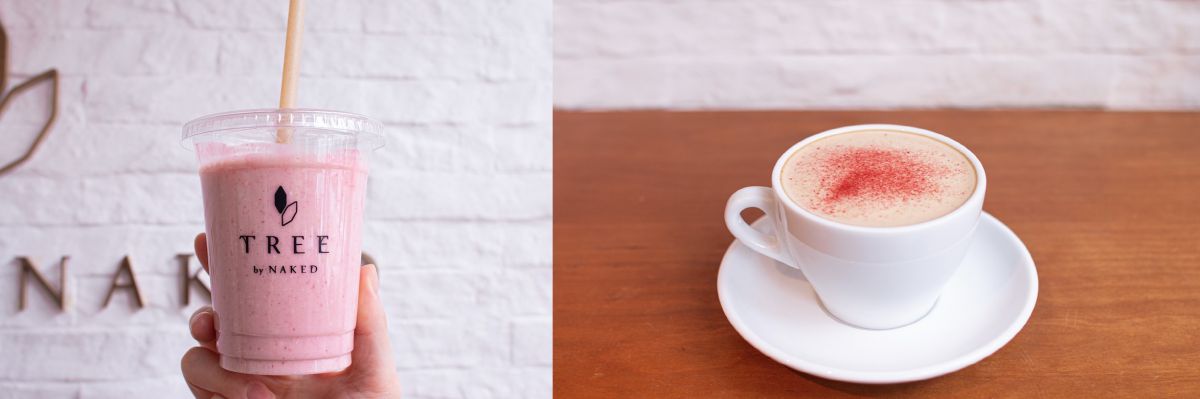 （左）ヴィーガンドリンク「桜甘酒スムージー」990円、（右）「桜豆乳チャイ」770円