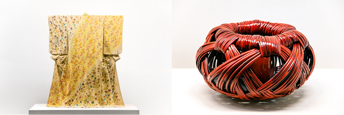 写真左／木村雨山《縮緬地友禅訪問着 ばらの花》 1967年、右／藤沼昇《根曲竹花籃 春潮》2001年